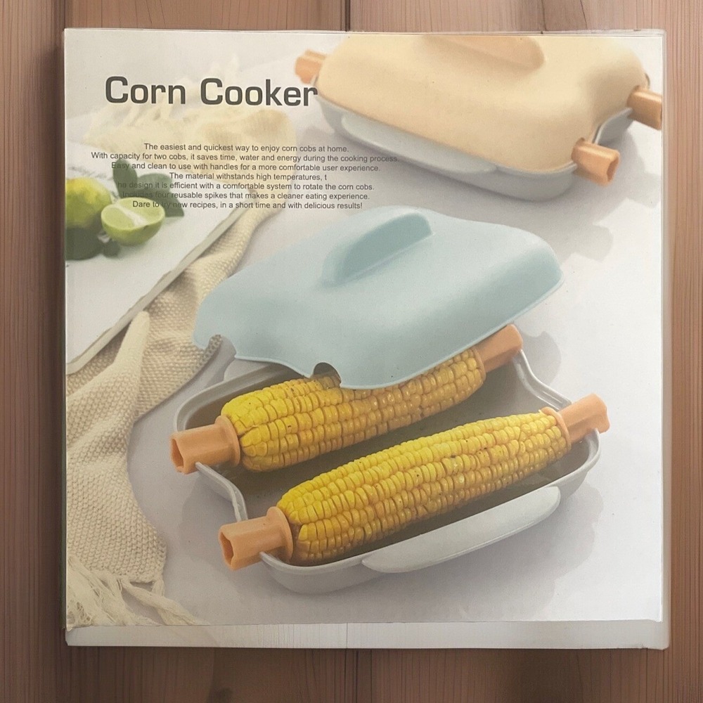 Microwave‎ Corn Cooker Steamer Tray with Lid and 4 Reusable Spikes Blue Gray